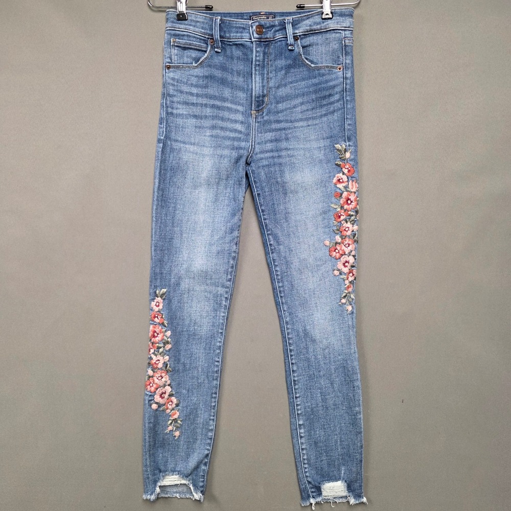 Abercrombie & Fitch Simone High Rise Ankle Women's Floral Embroidered Blue 27/4R